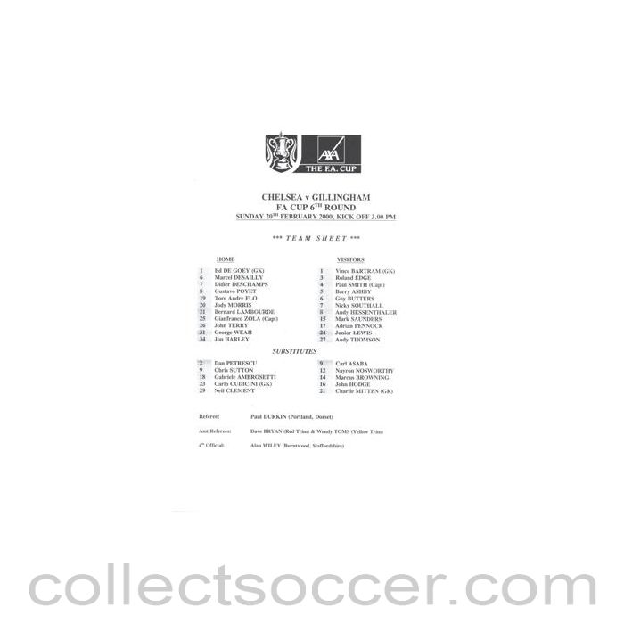 2000 - Chelsea v Gillingham official teamsheet 20/02/2000 F.A. Cup