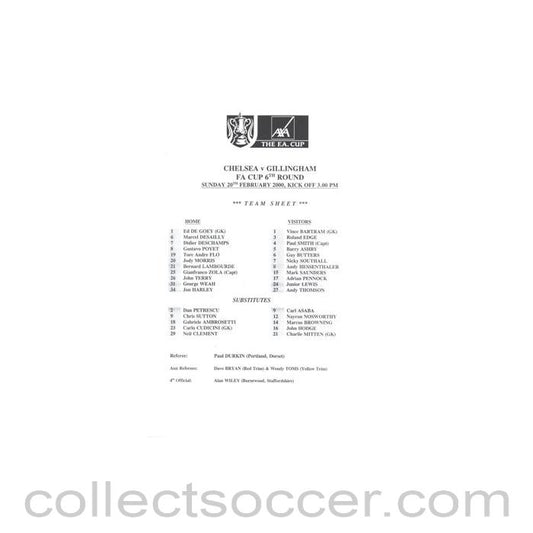 2000 - Chelsea v Gillingham official teamsheet 20/02/2000 F.A. Cup