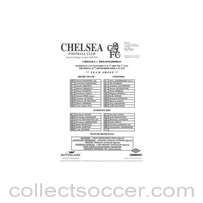 1998 - Chelsea v Helsingborg teamsheet 17/09/1998 Cup Winners Cup