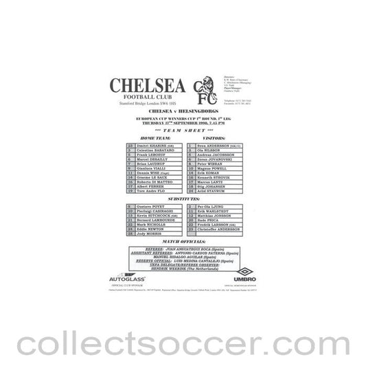 1998 - Chelsea v Helsingborg teamsheet 17/09/1998 Cup Winners Cup