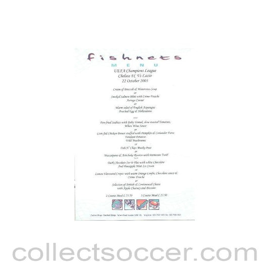 2003 - Chelsea v Lazio Fishnets menu 22/10/2003