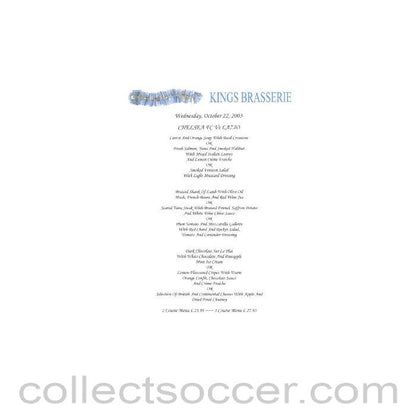 2003 - Chelsea v Lazio Kings Brasserie menu 22/10/2003