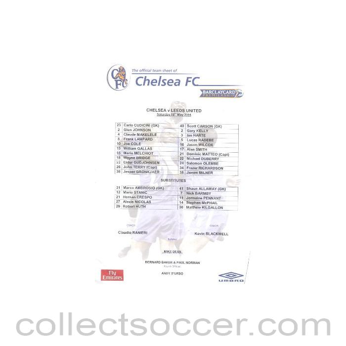 2004 - Chelsea v Leeds official teamsheet 15/05/2004