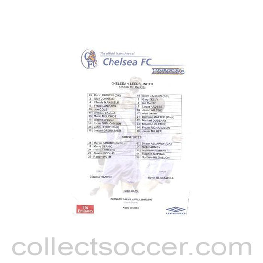2004 - Chelsea v Leeds official teamsheet 15/05/2004