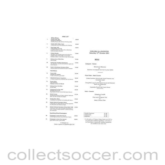 2001 - Chelsea v Leicester City menu 13/10/2001 Premier League