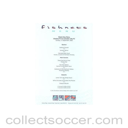 2000 - Chelsea v Leicester City Fishnets menu 17/09/2000 Premier League
