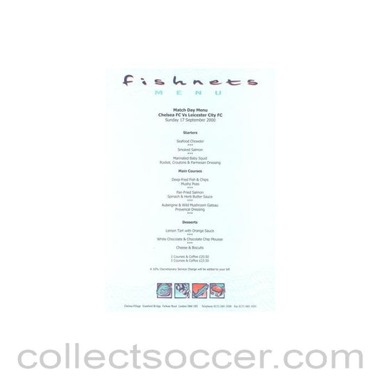 2000 - Chelsea v Leicester City Fishnets menu 17/09/2000 Premier League