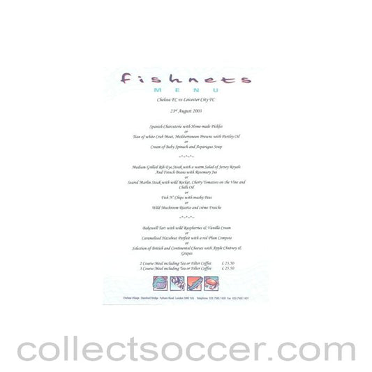 2003 - Chelsea v Leicester City Fishnets menu 23/08/2003 Premier League