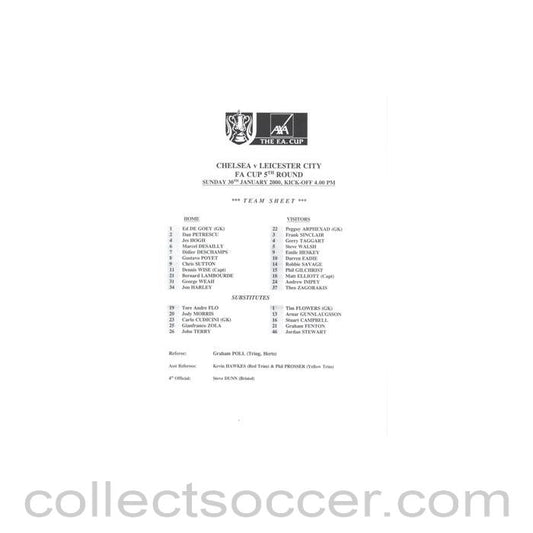 2000 - Chelsea v Leicester City official teamsheet 30/01/2000 F.A. Cup