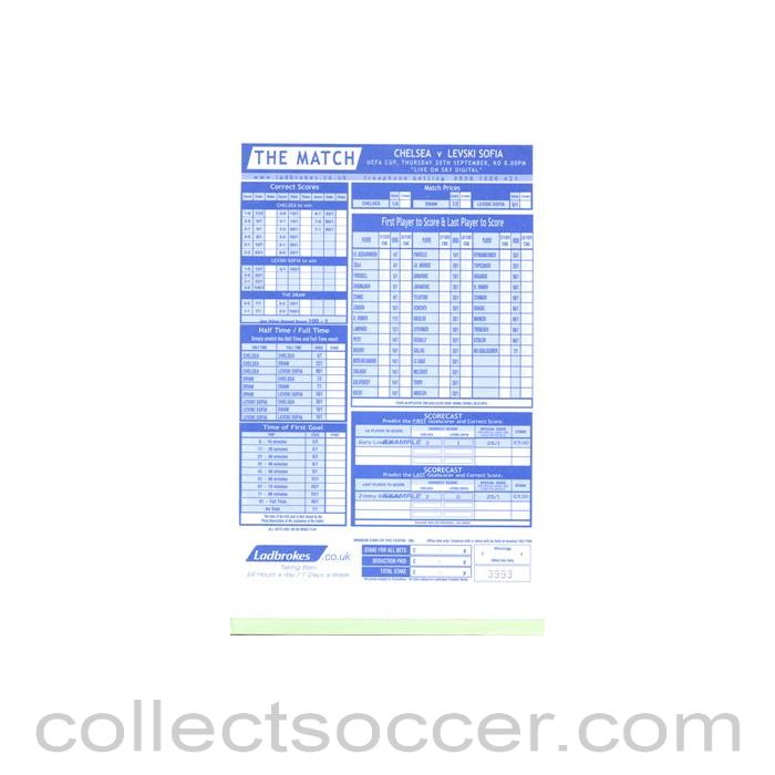 2001 - Chelsea v Levski Sofia Bulgaria betting slip 20/09/2001 UEFA Cup