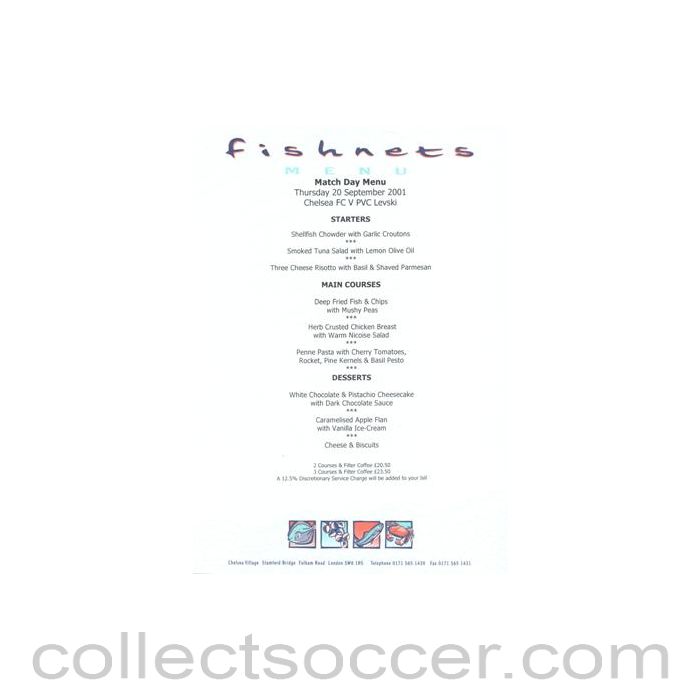 2001 - Chelsea v Levski Sofia Bulgaria Fishnets menu 20/09/2001