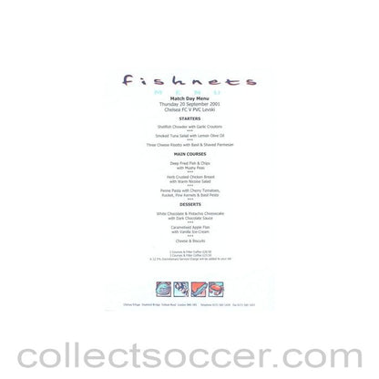 2001 - Chelsea v Levski Sofia Bulgaria Fishnets menu 20/09/2001