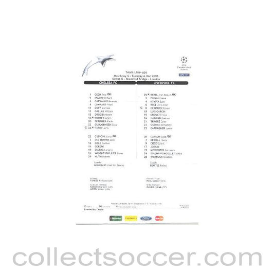 2005 - Chelsea v Liverpool Team Line-ups 06/12/2005 Champions League