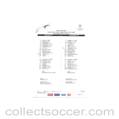 2005 - Chelsea v Liverpool official teamsheet 27/04/2005
