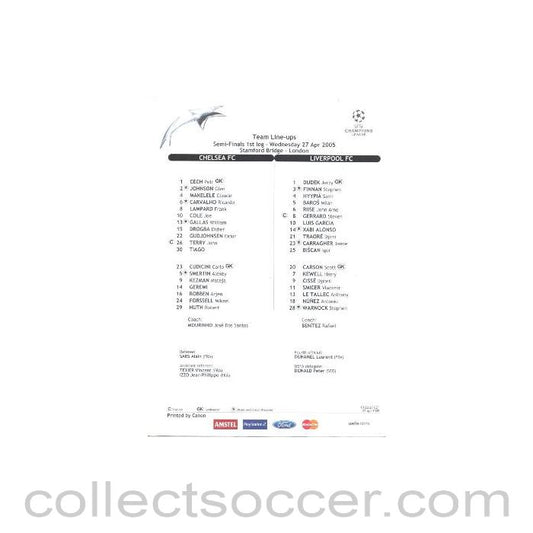 2005 - Chelsea v Liverpool official teamsheet 27/04/2005
