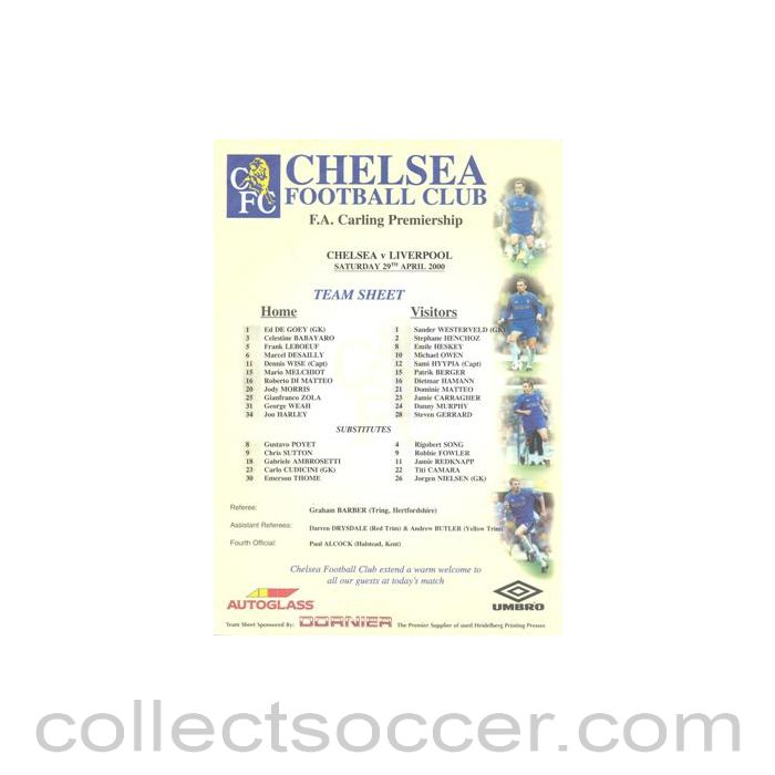 2000 - Liverpool v Chelsea official colour teamsheet 29/04/2000 Premier League