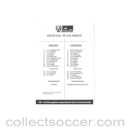 Chelsea v Liverpool official teamsheet of an unknown season F.A. Youth Cup