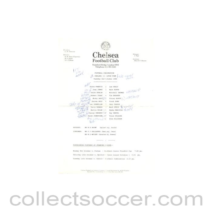 1984 - Chelsea v Luton Town Reserves official teamsheet 02/10/1984 Football Combination
