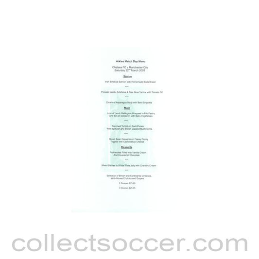 2003 - Chelsea v Manchester City Arkles menu 22/03/2003