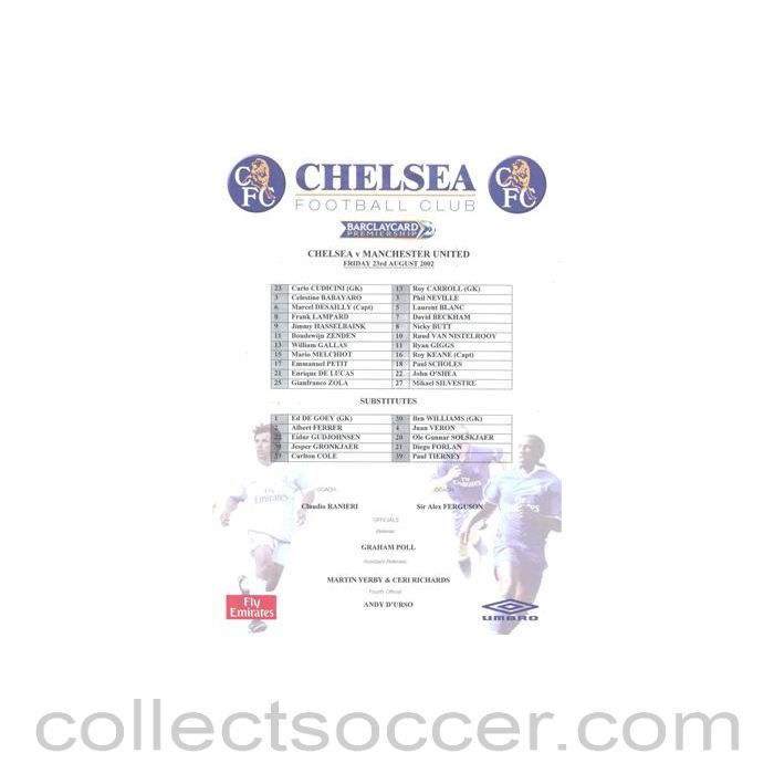 2002 - Chelsea v Manchester United official teamsheet 23/08/2002 Premier League
