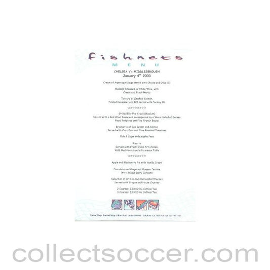 2003 - Chelsea v Middlesbrough menu 04/01/2003