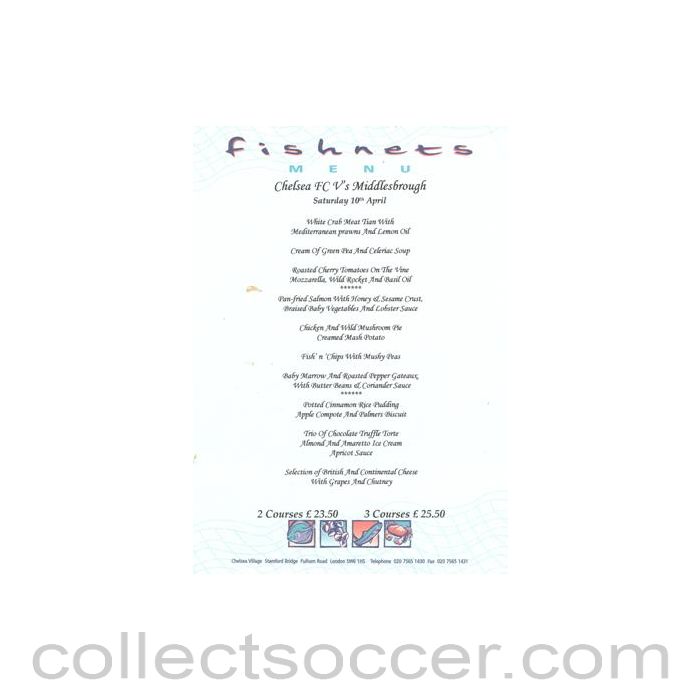 2004 - Chelsea v Middlesbrough Fishnets menu 10/04/2004 Premier League, reduced price