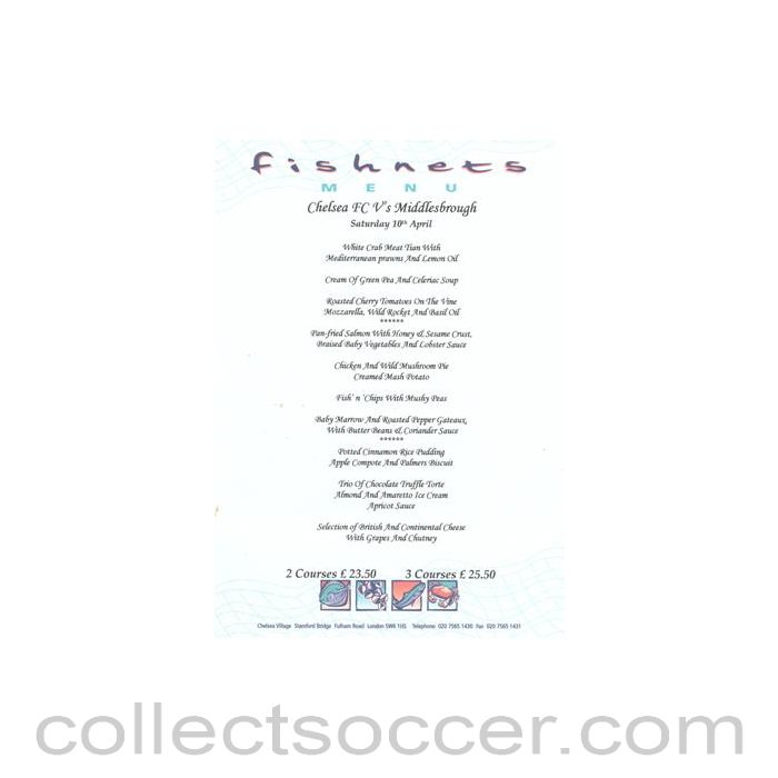 2004 - Chelsea v Middlesbrough Fishnets menu 10/04/2004 Premier League