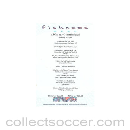 2004 - Chelsea v Middlesbrough Fishnets menu 10/04/2004 Premier League