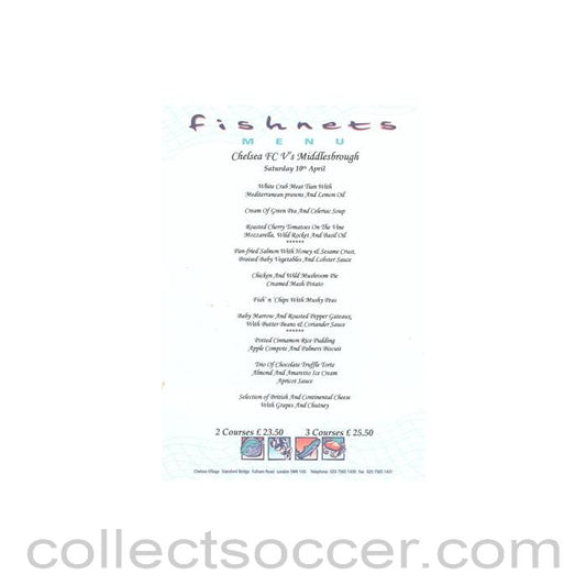 2004 - Chelsea v Middlesbrough Fishnets menu 10/04/2004 Premier League