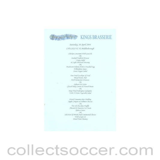 2004 - Chelsea v Middlesbrough Kings Brasserie blue menu 10/04/2004 Premier League