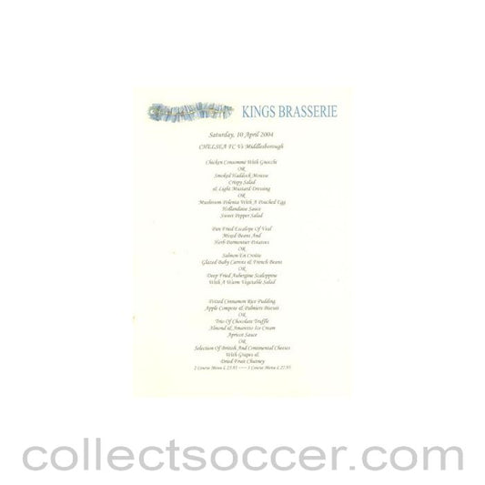 2004 - Chelsea v Middlesbrough Kings Brasserie yellow menu 10/04/2004 Premier League