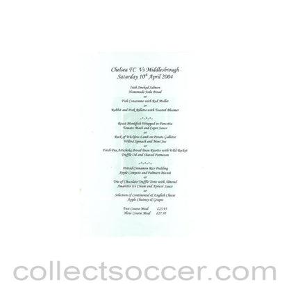 2004 - Chelsea v Middlesbrough not branded menu 10/04/2004 Premier League