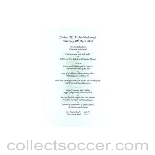 2004 - Chelsea v Middlesbrough not branded menu 10/04/2004 Premier League