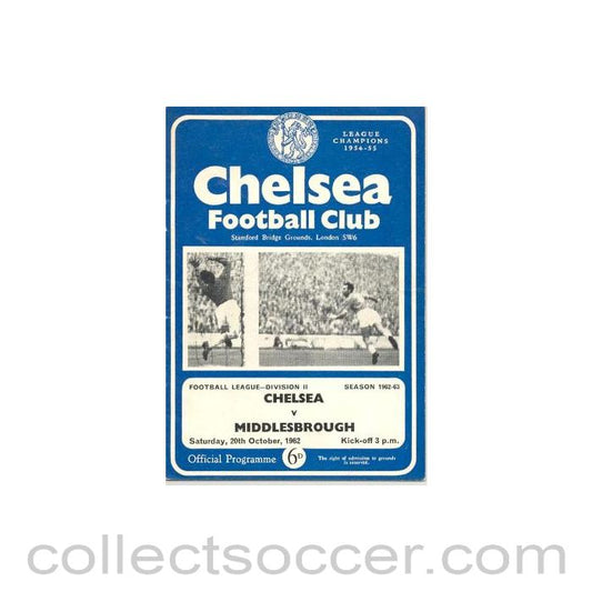 1962 - Chelsea v Middlesbrough official programme 20/10/1962