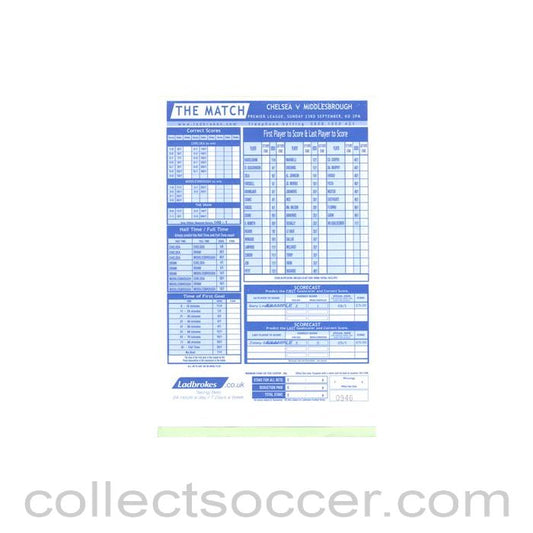 2001 - Chelsea v Middlesbrough betting slip 23/09/2001 Premier League