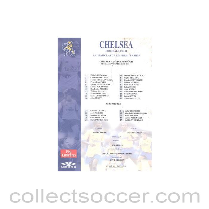 2001 - Chelsea v Middlesbrough official colour teamsheet 23/09/2001 Premier League, half price
