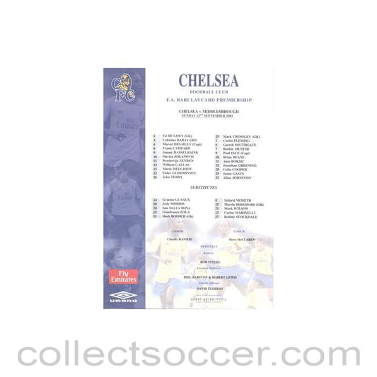 2001 - Chelsea v Middlesbrough official colour teamsheet 23/09/2001 Premier League