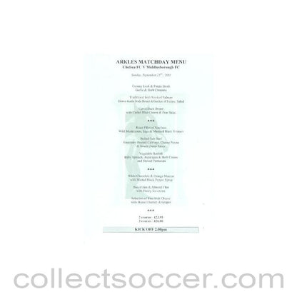 2001 - Chelsea v Middlesbrough Arkles menu 23/09/2001