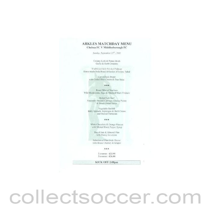 2001 - Chelsea v Middlesbrough Arkles menu 23/09/2001