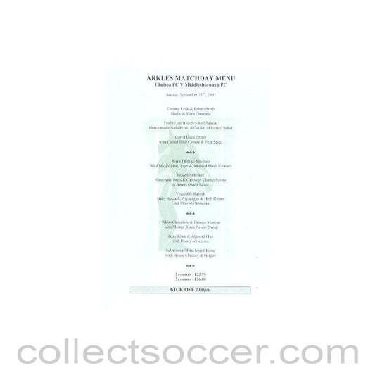 2001 - Chelsea v Middlesbrough Arkles menu 23/09/2001