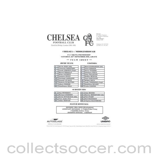 1998 - Chelsea v Middlesbrough official teamsheet 26/09/1998 Premier League