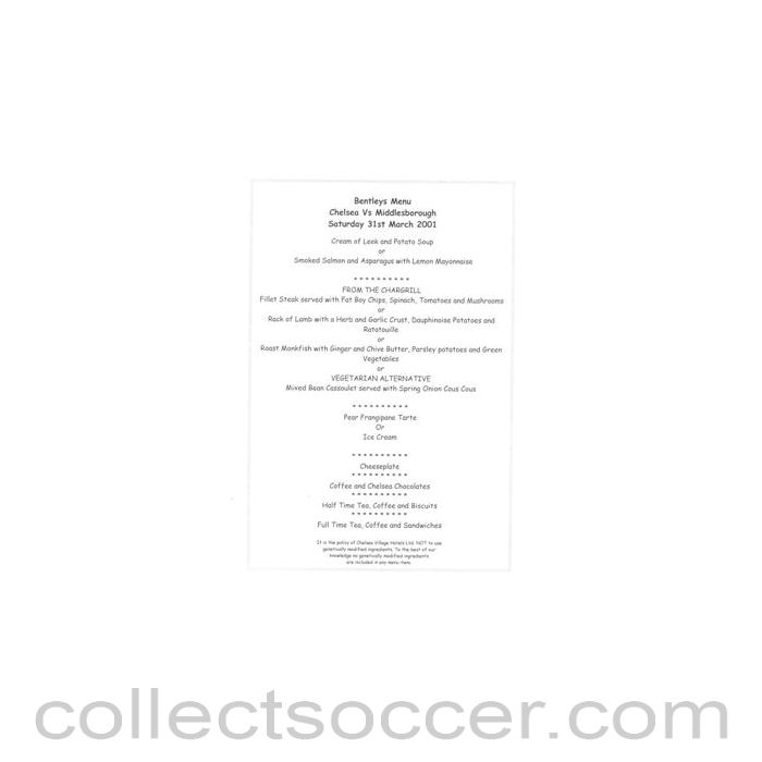 2001 - Chelsea v Middlesbrough Bentley's menu 31/03/2001