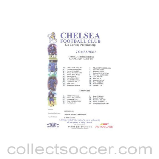 2001 - Chelsea v Middlesbrough official colour teamsheet 31/03/2001 Premier League