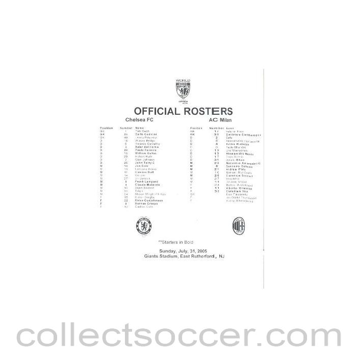 2005 - Chelsea v Milan teamsheet 31/07/2005