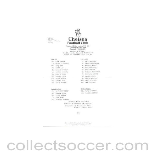 1993 - Chelsea v Millwall Reserves official teamsheet 01/11/1993 Football Combination