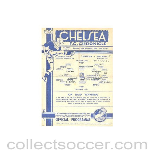 1940 - Chelsea v Millwall official programme 02/11/1940 Football League