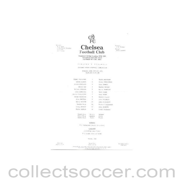 1991 - Chelsea v Millwall official teamsheet 22/01/1991