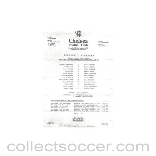 1987 - Chelsea v Millwall Reserves official teamsheet 12/09/1987 Football Combination