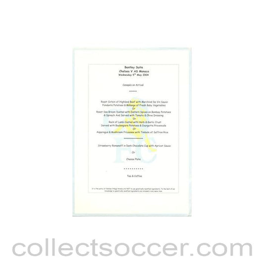 2004 - Chelsea v Monaco Bentley's menu 05/05/2004