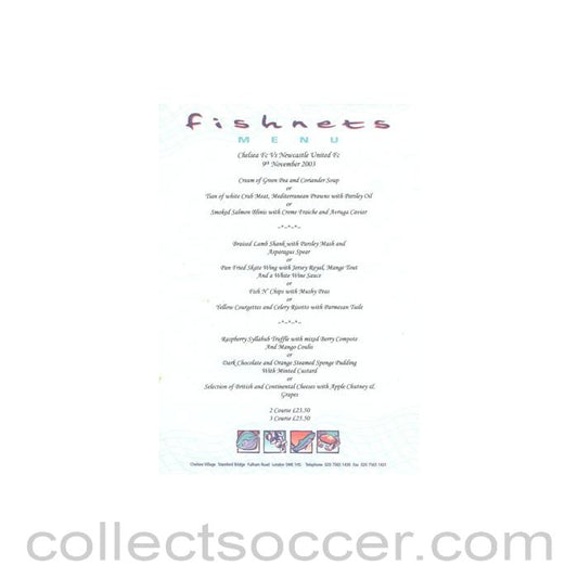 2003 - Chelsea v Newcastle United Fishnets menu 09/11/2003 Premier League